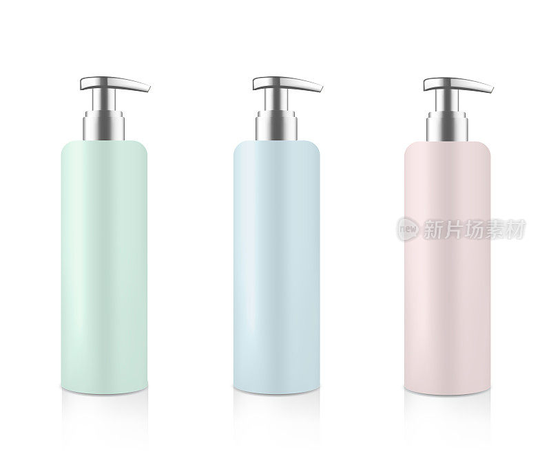 模拟化妆套装。蓝色、绿色、粉红色瓶子，银色金属分配器，用于膏霜、肥皂、凝胶、洗发水等。