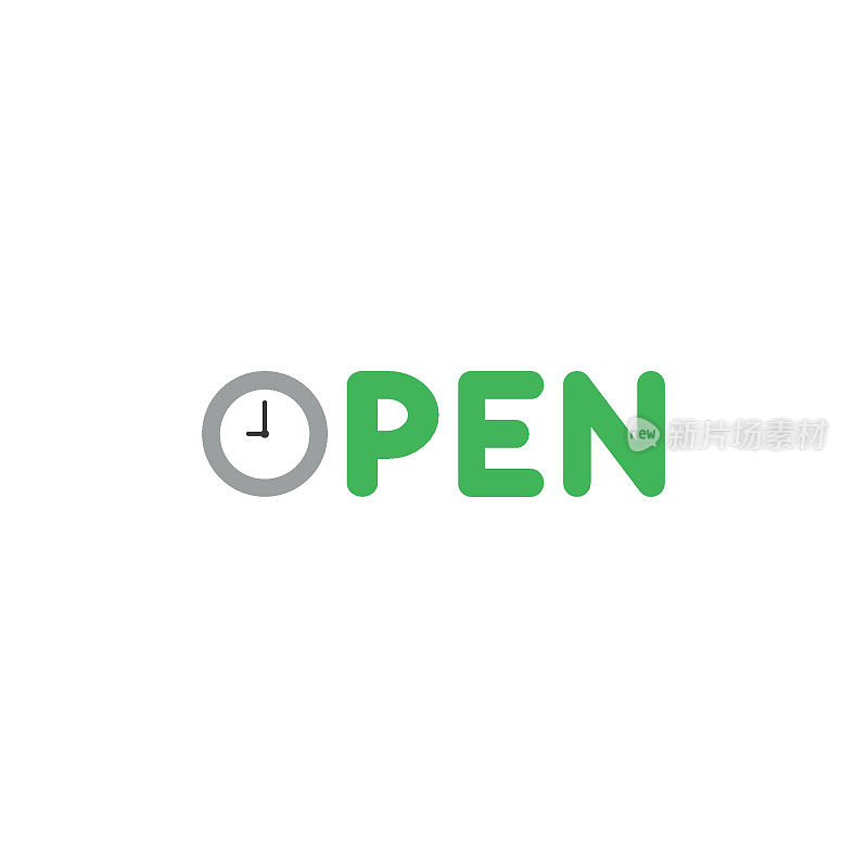 平面设计风格矢量概念的开放文字与时钟时间显示9点