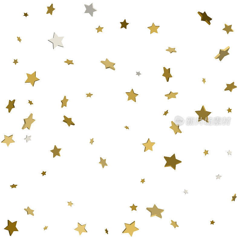 3d金星彩纸雨节日背景。矢量金纸箔星星落下孤立的透明背景。