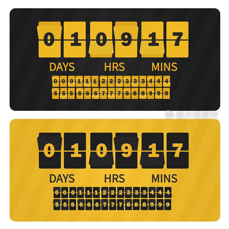 矢量事件表示销售计时器。黄黑数字计数器模板横幅，所有数字与翻转包括在内。倒计时时钟数字板。