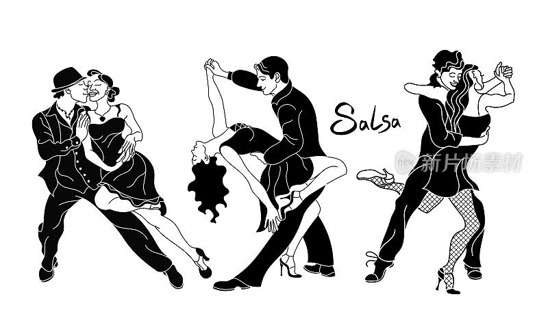 萨尔萨舞向量。一套优雅的夫妇跳舞萨尔萨。复古的风格。跳萨尔萨舞和拉丁音乐的人们的黑色剪影。古巴的俱乐部。跳萨尔萨舞。拉丁舞蹈。跳舞两轮廓