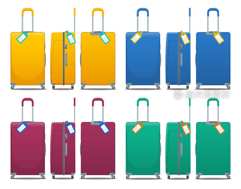 彩色的现代塑料手提箱与轮子，可伸缩的把手和行李标签标签上的国家代码和条码。聚碳酸酯箱隔离白色。