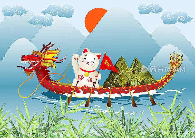 端午节(端午或忠孝)。卡通河景有中国龙舟、日本幸运猫、粽子和竹叶。矢量插图。