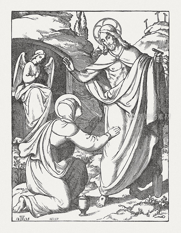 抹大拉的马利亚看到了复活的耶稣，木刻，1850年出版