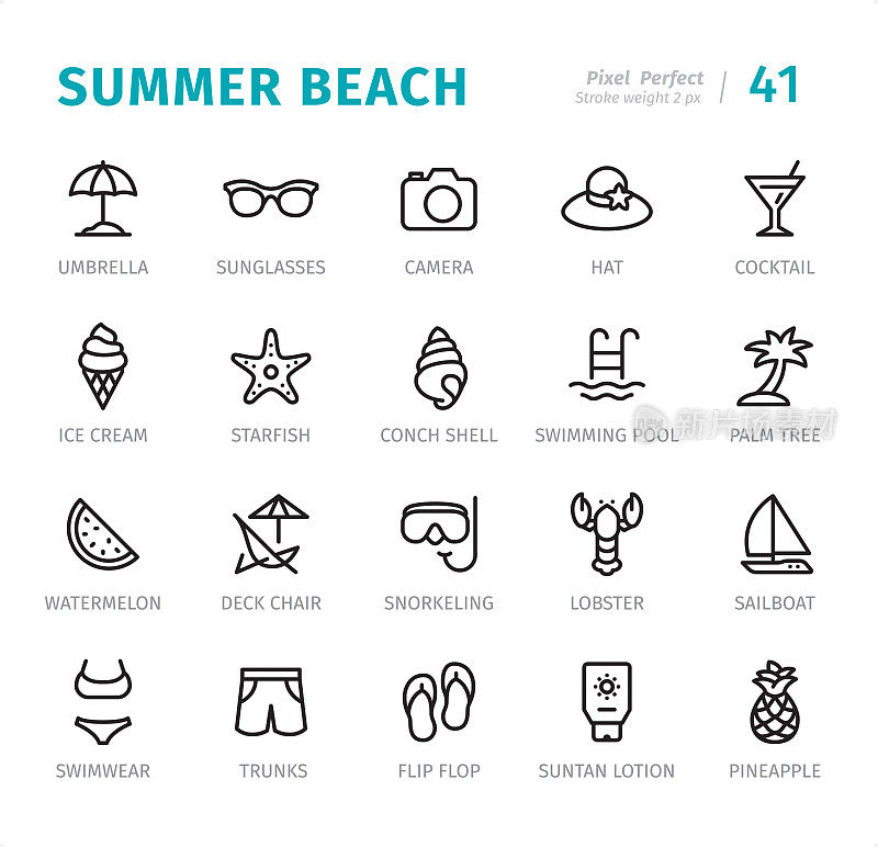 夏日海滩-像素完美的线条图标与标题