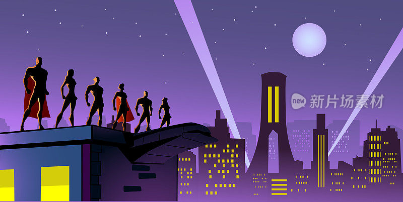 城市剪影插画中的向量超级英雄团队