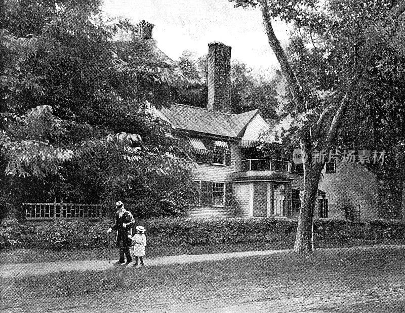 纳撒尼尔・霍桑的房子:美国马萨诸塞州康科德的路边――19世纪