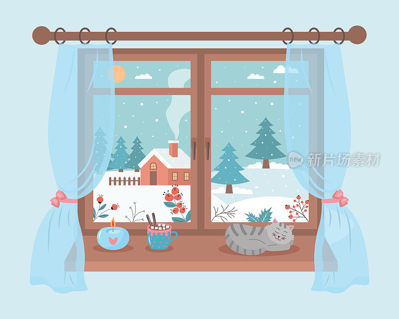 窗户，冬日的风景，睡觉的猫，蜡烛和一杯咖啡在窗台上。冬天的心情，放松，舒适的家居概念。