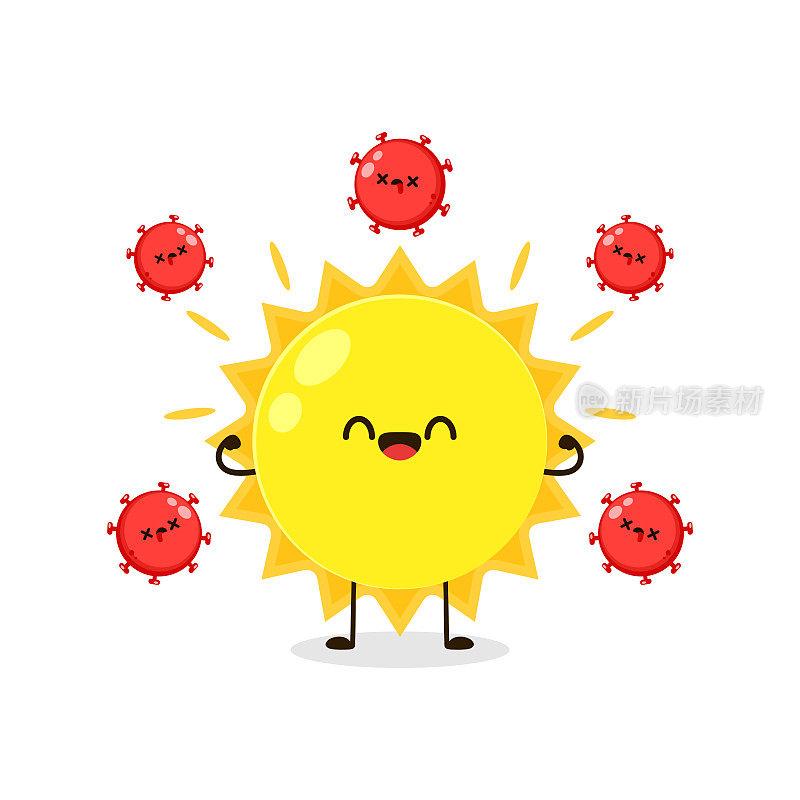 太阳卡通矢量。夏日阳光杀死和降低冠状病毒感染率COVID-19疫情危机概念，炎热的阳光照射和燃烧融化COVID-19冠状病毒。