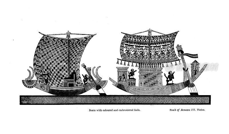 19世纪的雕刻船，有彩色和刺绣的帆;底比斯;图片和象形文字，选自1854年《古埃及人的通俗故事》