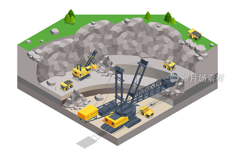 采石场等距开采，矿山用大型采石场自卸车和斗轮挖掘机。煤矿。斗轮挖掘机开采褐煤。