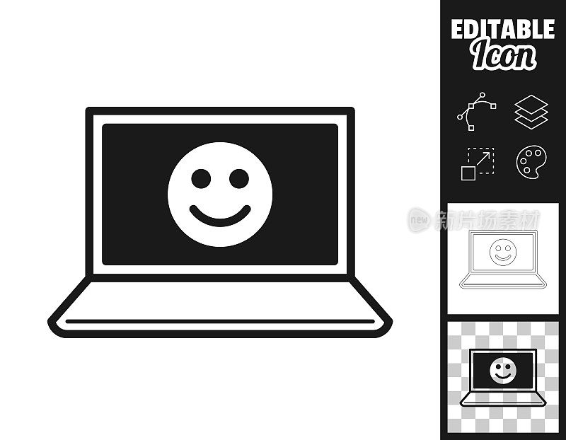 笔记本电脑上有快乐的表情。图标设计。轻松地编辑