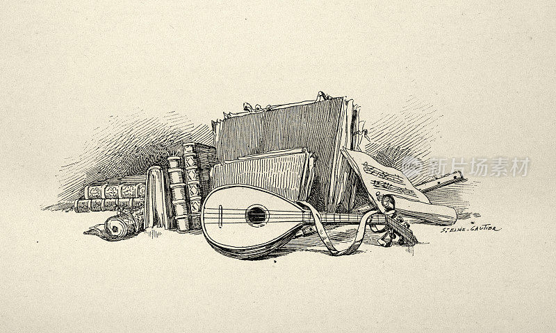曼陀林，附乐谱和书籍，音乐史，古着插图，19世纪