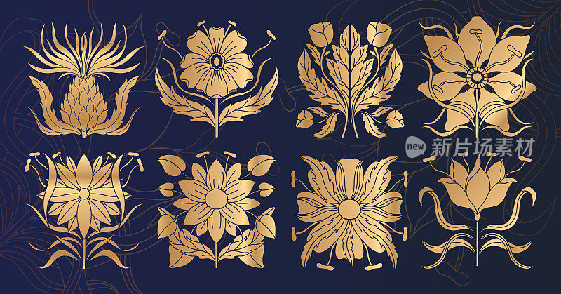 新艺术风格的花卉植物的基本元素。1920-1930年的复古设计。象征图案设计。