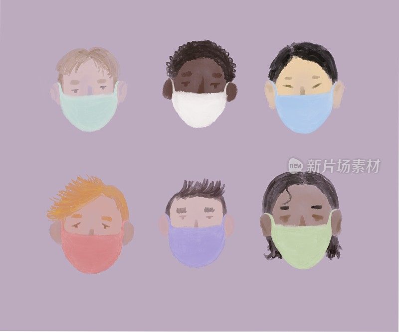 丁香色背景下，许多不同国籍的男子戴着五颜六色的防护口罩。预防疾病和病毒的概念