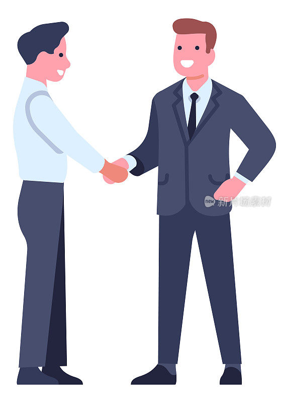 卡通商人人物姿势。经理们穿正装。办公室职员在握手。成功的谈判。握手的姿势。伙伴关系与合作。向量快乐的员工