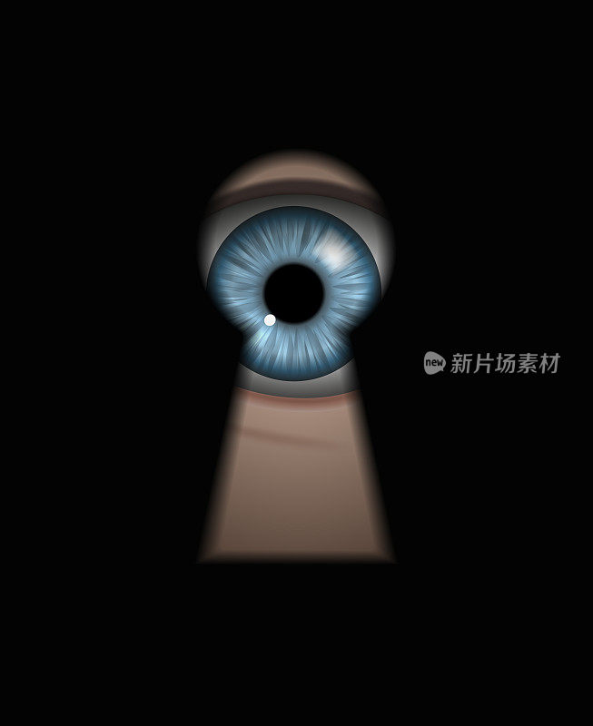 人类的蓝色眼睛透过黑暗的钥匙孔窥视某人的矢量插图
