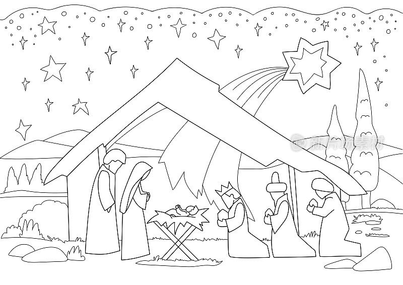一幅圣诞耶稣诞生的彩色场景漫画，与婴儿耶稣，玛丽和约瑟夫在马槽和上面的指路星。