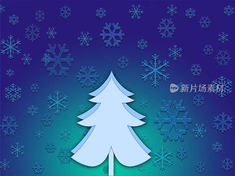 深蓝色调的背景与圣诞树和雪花。