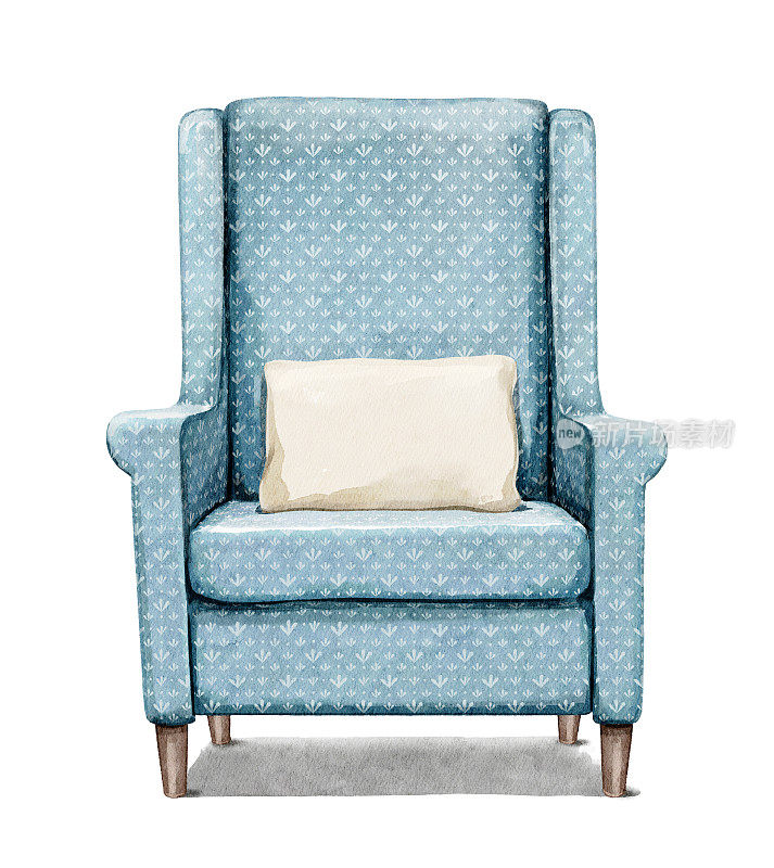 水彩卡通蓝色扶手椅配白色枕头