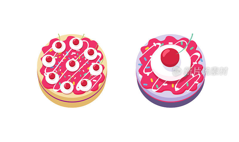 蛋糕3d图标矢量孤立或派草莓甜生日平板迷你沙漠图形剪贴画插画，樱桃粉色面包房釉面纸杯蛋糕，糖果店元素可爱的设计形象
