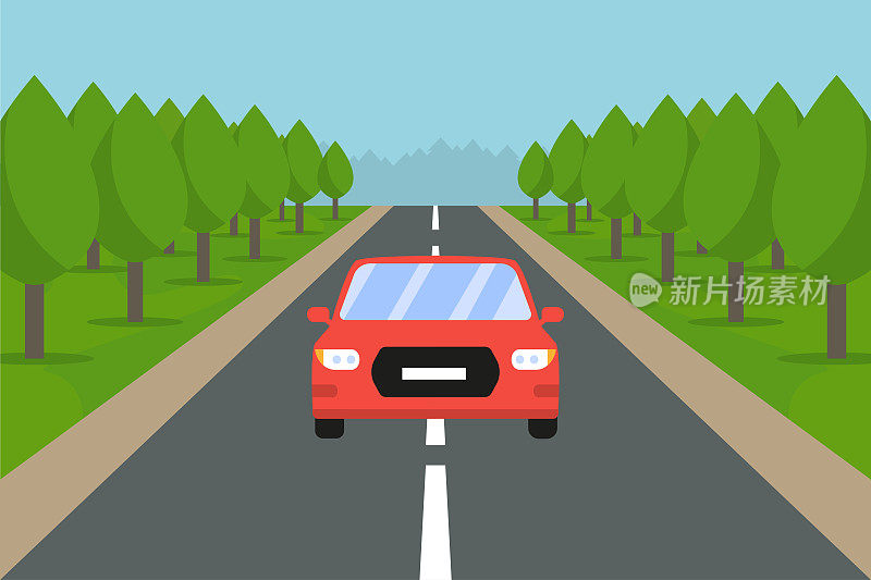 道路与森林与汽车在道路上行驶的经营策略。矢量图