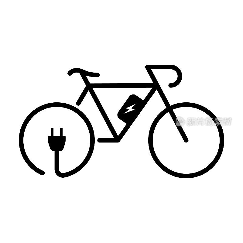 电动自行车剪影图标。电动自行车与插头充电字形象形图。绿色电力能源自行车标志。生态城市交通标志。孤立矢量图