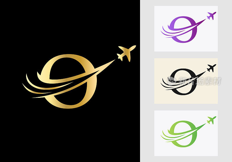 字母O旅行标志概念与飞行的飞机符号