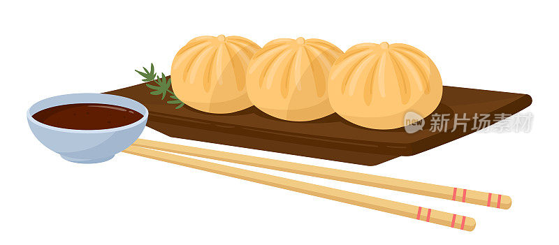 卡通点心。中国饺子，亚洲菜用酱油和筷子，小笼包传统食物平面矢量插图