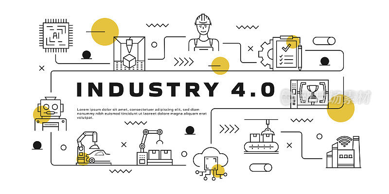 工业4.0矢量信息图。设计是可编辑的，颜色可以改变。创意图标的向量集:自动化、大数据、人工智能、机器学习、连接、电力、汽油