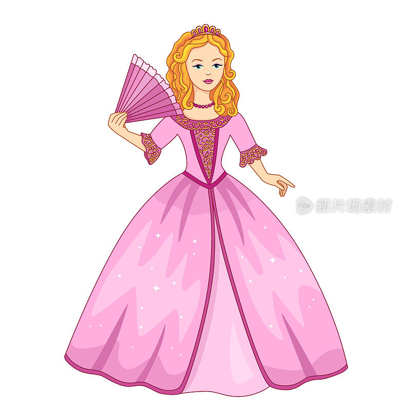 矢量公主在粉红色连衣裙与手扇。
