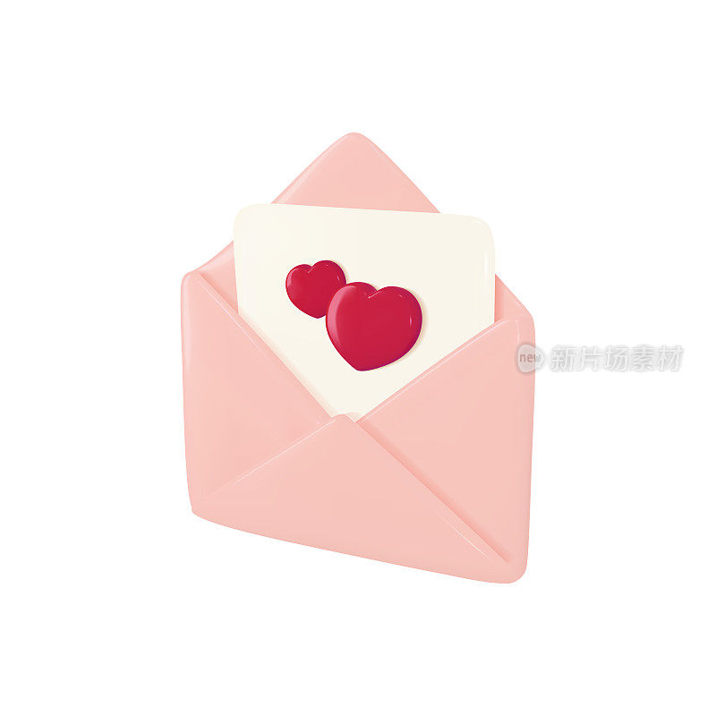 情书邮件作为情人节或母亲节的礼物或问候。三维红心卡片装在打开的纸信封里。生日快乐礼物或婚礼邀请电子邮件图标。白色背景上的动画模板