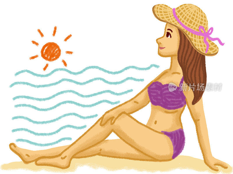 女人或女孩在海滩上放松，享受海浪和阳光。人物插图孤立在白色背景。手绘粉彩，蜡笔，油彩和粉笔插图