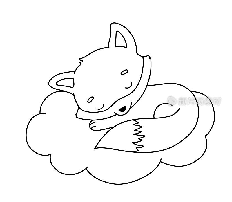 可爱的狐狸在云上做梦。卡通手绘矢量轮廓插图着色书。线宝宝动物