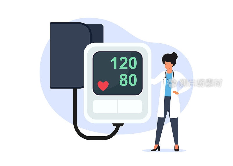 用眼压计测量血压。医学检查。低血压和高血压疾病。女医生站在巨大的眼压计。矢量插图。