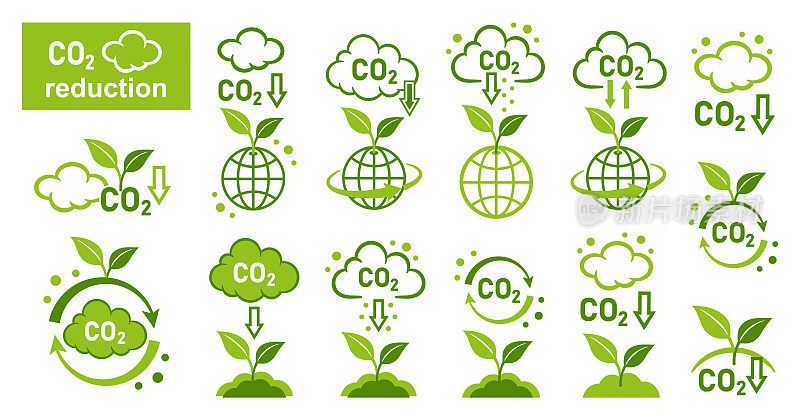 二氧化碳减排、绿色植物二氧化碳回收、抵消、碳温室气体减排图标集。烟雾云。中低空大气污染。清洁生态技术。向量