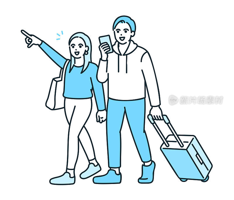 一对夫妇要去旅行。男人拉着行李箱。一对友好夫妇的剪贴画。