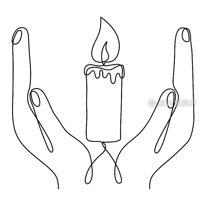 燃烧的蜡烛在人的手上连续的线条绘画艺术。