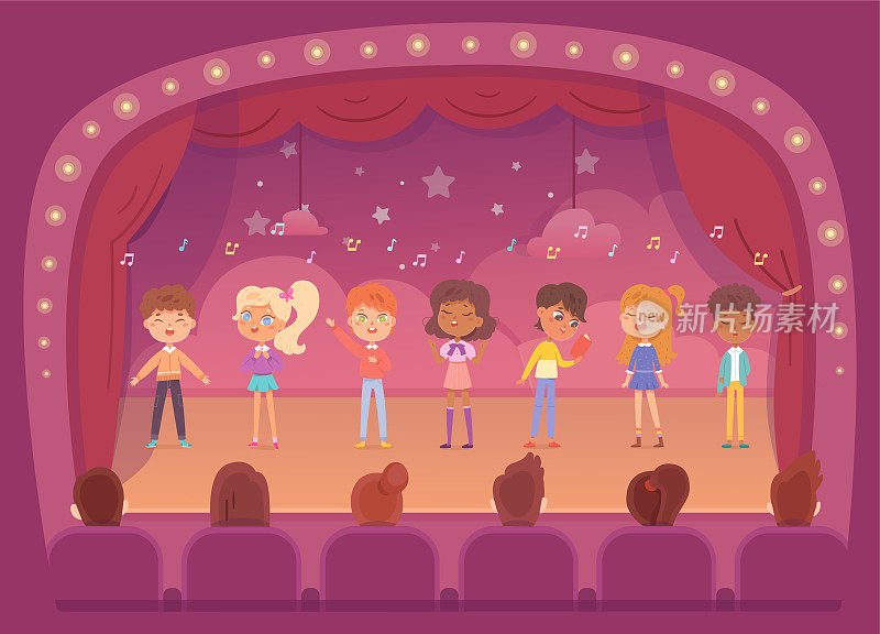 孩子们在剧院舞台上唱歌，用红色的窗帘矢量插图。卡通学校的男女乐队合唱歌曲，可爱快乐的歌手人物表演音乐会