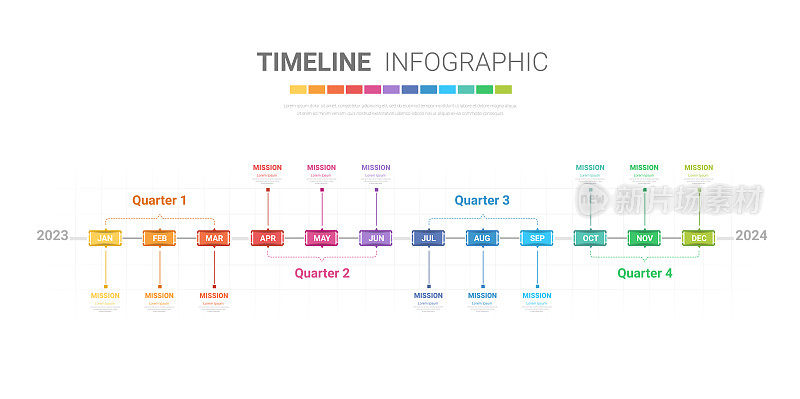 时间轴为1年，日历，12个月，演示业务4个季度，Infographic时间轴可用于工作流程，流程图，流程图。