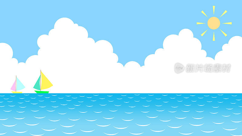简单的插图背景材料的海洋与白云，太阳，蓝天和游艇漂浮