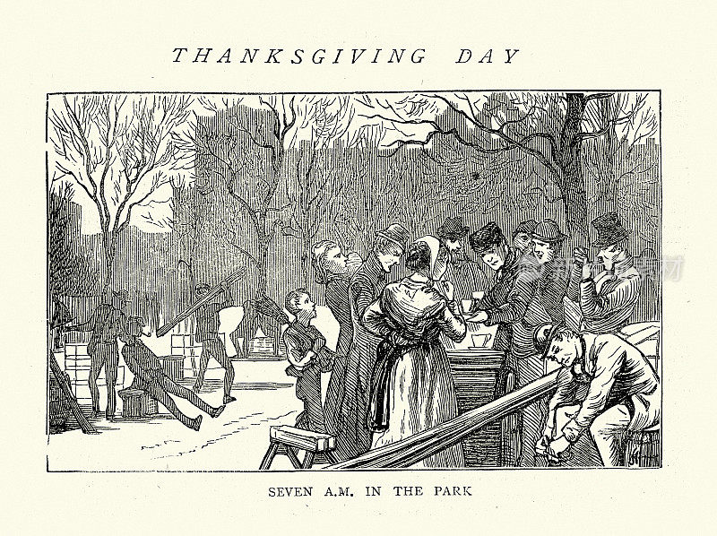 早上7点在公园，素描来自1872年威尔士亲王，后来的国王爱德华七世从伤寒中康复的感恩节