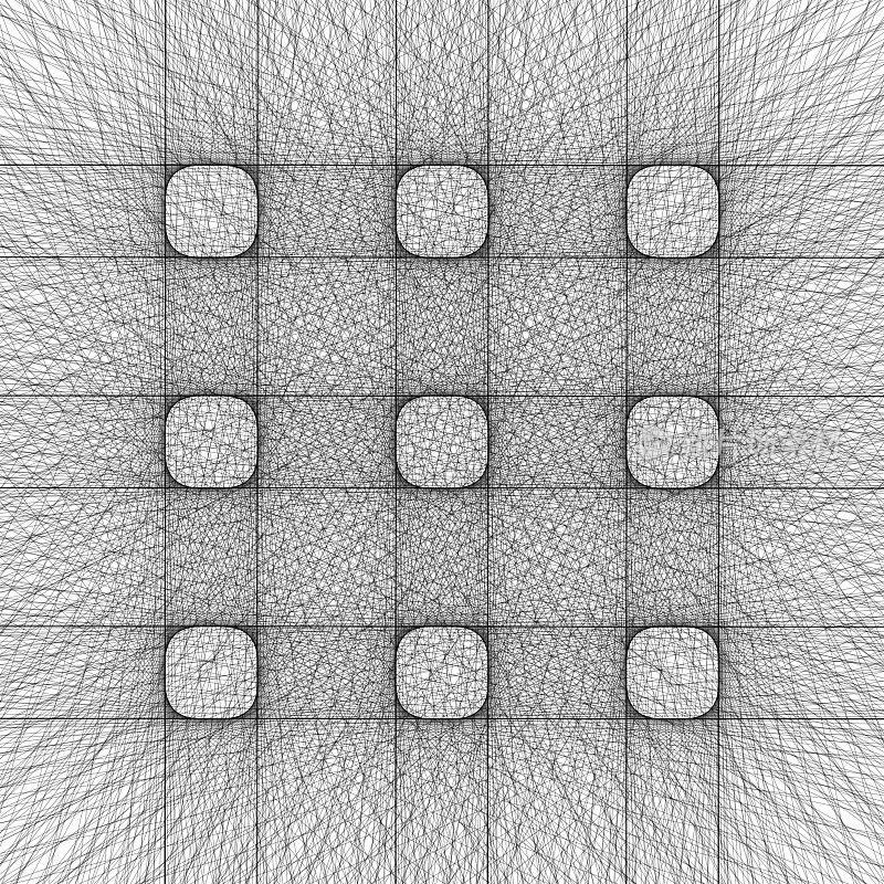 九个由非随机切线填充的正方形覆盖了整个框架，形成了一个复杂的图案。