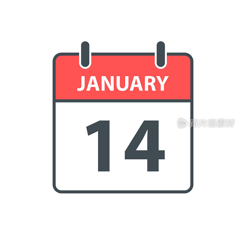 1月14日-每日日历图标在白色背景上的平面设计风格