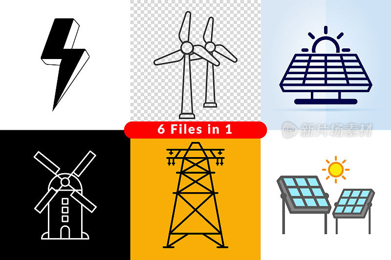 电气图标，风力涡轮机，太阳能电池板，电线杆…