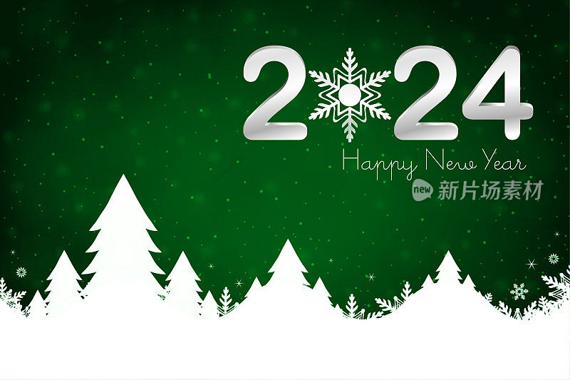 闪闪发光的圣诞水平深绿色矢量背景，文字新年快乐2024和白色的雪覆盖的山脉与针叶树和雪花和闪亮的点在明亮的充满活力的背景
