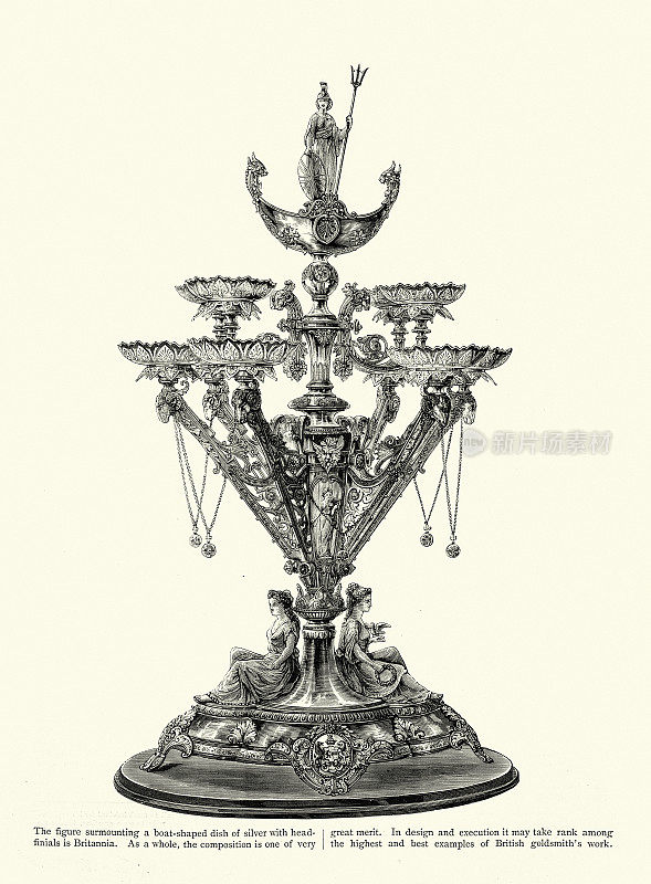 赠送给格雷・德・威尔顿勋爵的金饰或烛台，顶部是不列颠尼亚雕像，19世纪70年代的维多利亚金属工艺品