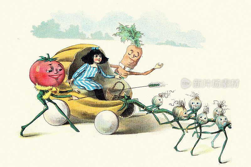 骑在神奇马车上的女孩，西红柿，胡萝卜人，小葱，蔬菜人的复仇，儿童读物插图，弗洛伦斯・K・厄普顿，19世纪90年代