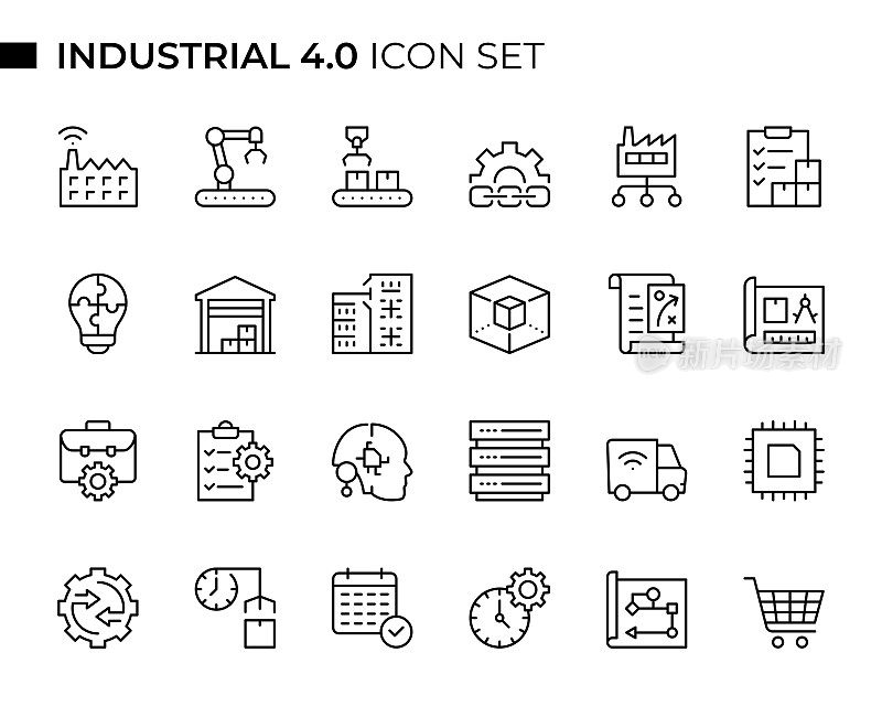 工业4.0概念细线图标集包含工厂、生产线、机器人、供应链、创新、人工智能、商品、机器学习、制造、仓库等图标