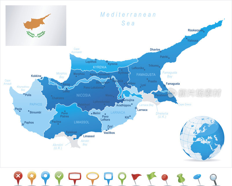 地图塞浦路斯-国家，城市，旗帜和图标